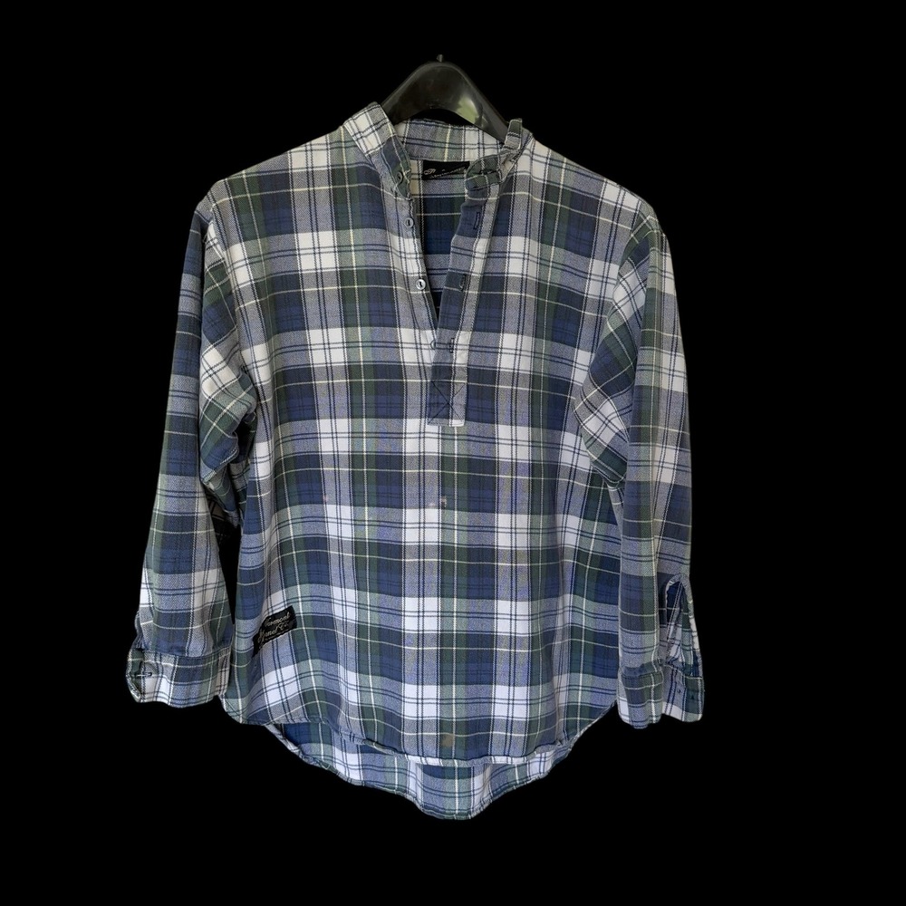80's Vermont Flannel Co Small Blue Plaid Pullover Band Collar Shirt Distressed